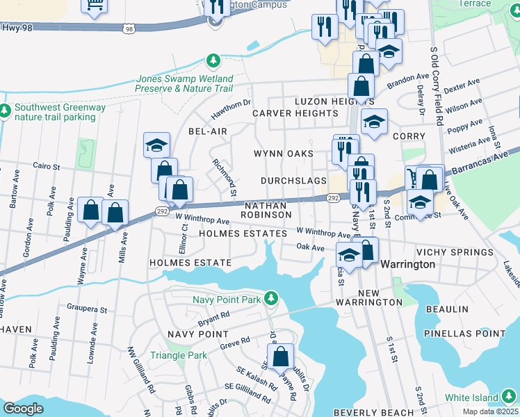 map of restaurants, bars, coffee shops, grocery stores, and more near in Warrington