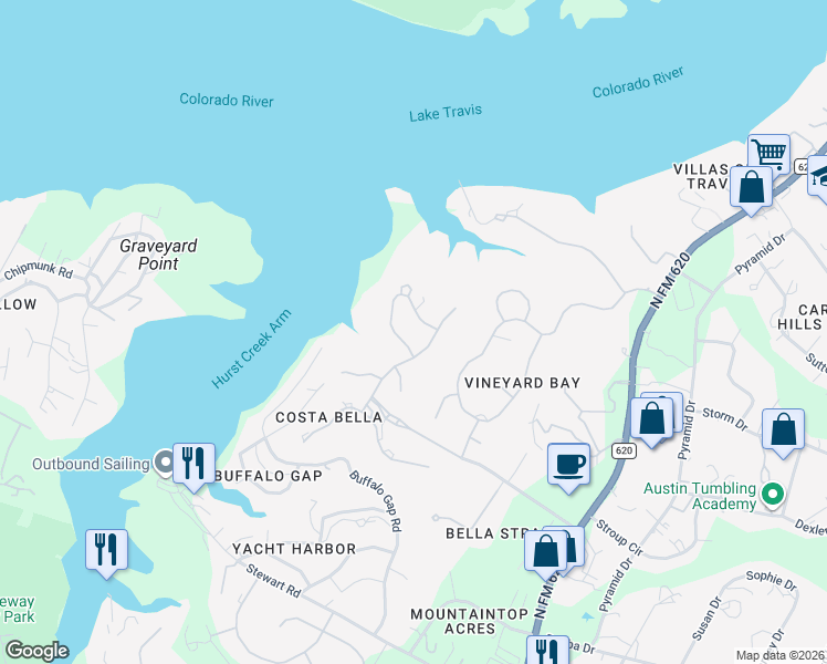 map of restaurants, bars, coffee shops, grocery stores, and more near 204 Bella Riva Dr in Austin