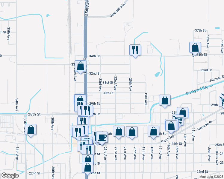 map of restaurants, bars, coffee shops, grocery stores, and more near 2208 30th Street in Gulfport