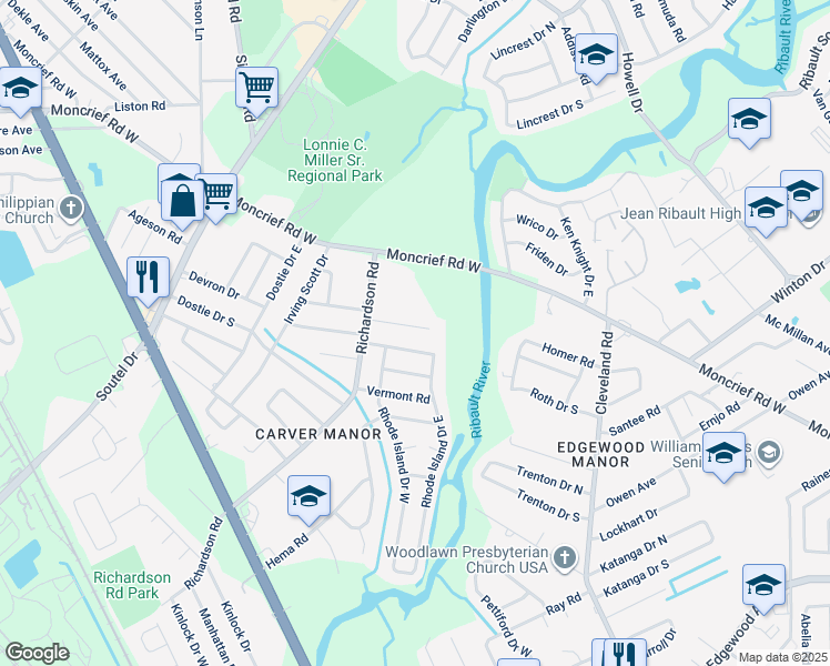 map of restaurants, bars, coffee shops, grocery stores, and more near 4904 Mississippi Court in Jacksonville