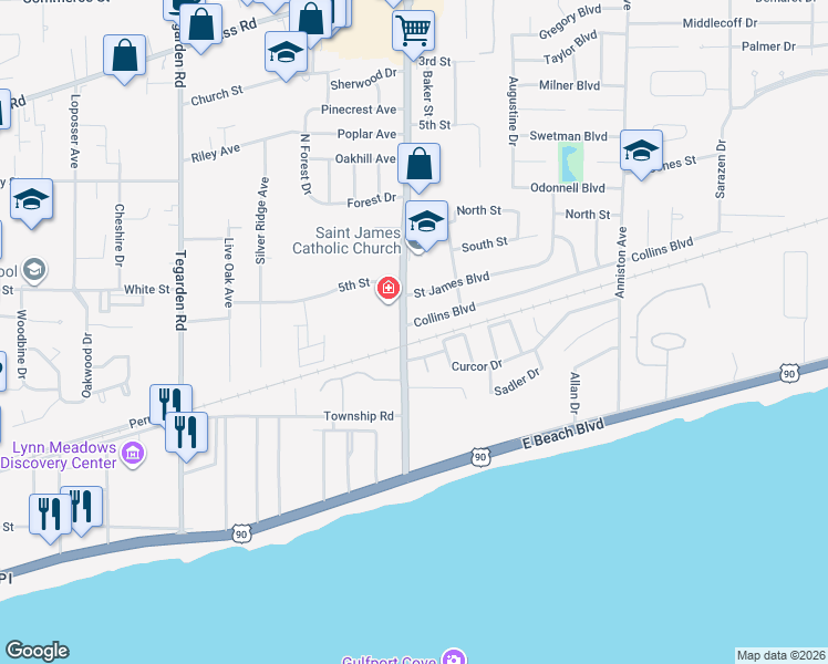 map of restaurants, bars, coffee shops, grocery stores, and more near 306 Cowan Rd in Gulfport
