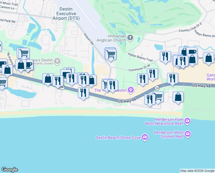 map of restaurants, bars, coffee shops, grocery stores, and more near 1241 Airport Rd in Destin