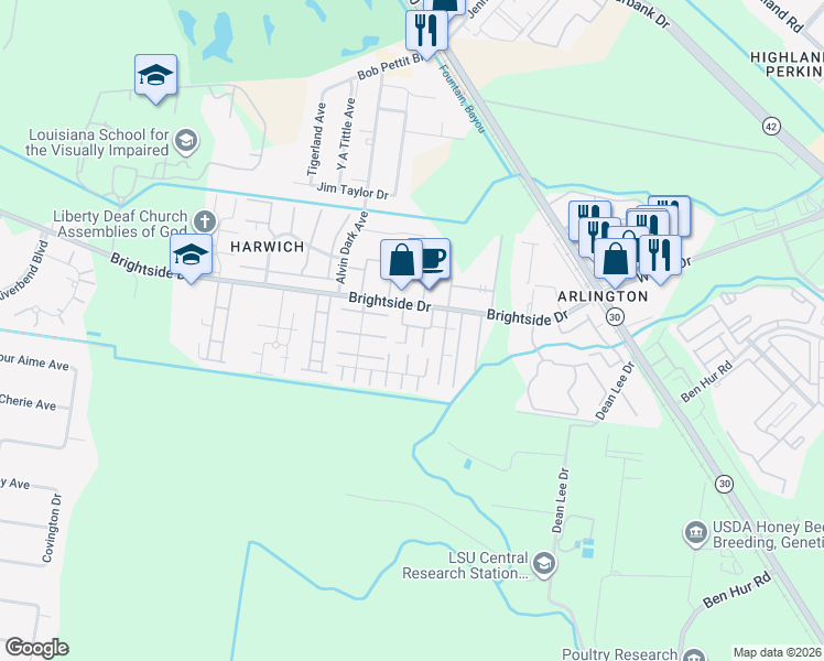 map of restaurants, bars, coffee shops, grocery stores, and more near 1855 Brightside Drive in Baton Rouge