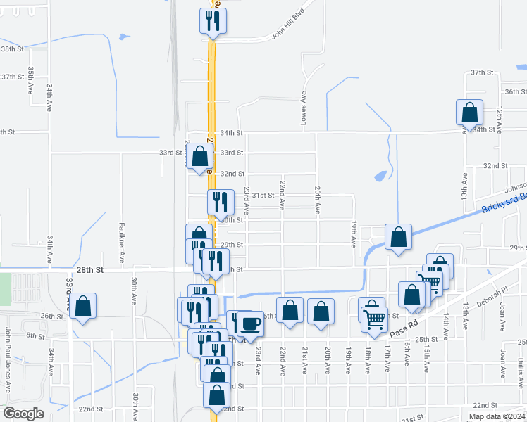 map of restaurants, bars, coffee shops, grocery stores, and more near 2224 30th Street in Gulfport