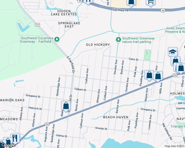 map of restaurants, bars, coffee shops, grocery stores, and more near 921 Bremen Avenue in Pensacola
