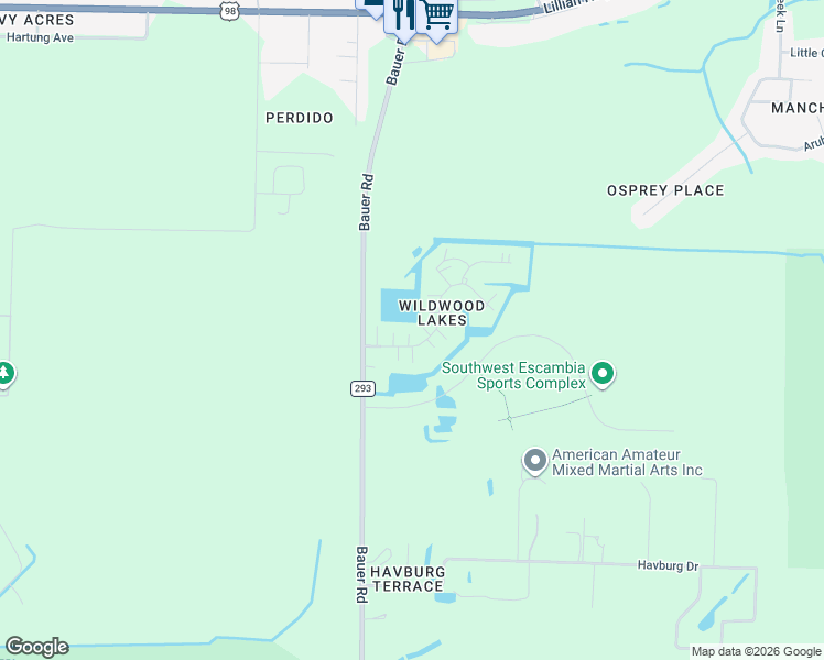 map of restaurants, bars, coffee shops, grocery stores, and more near 12376 Ailanthus Drive in Pensacola