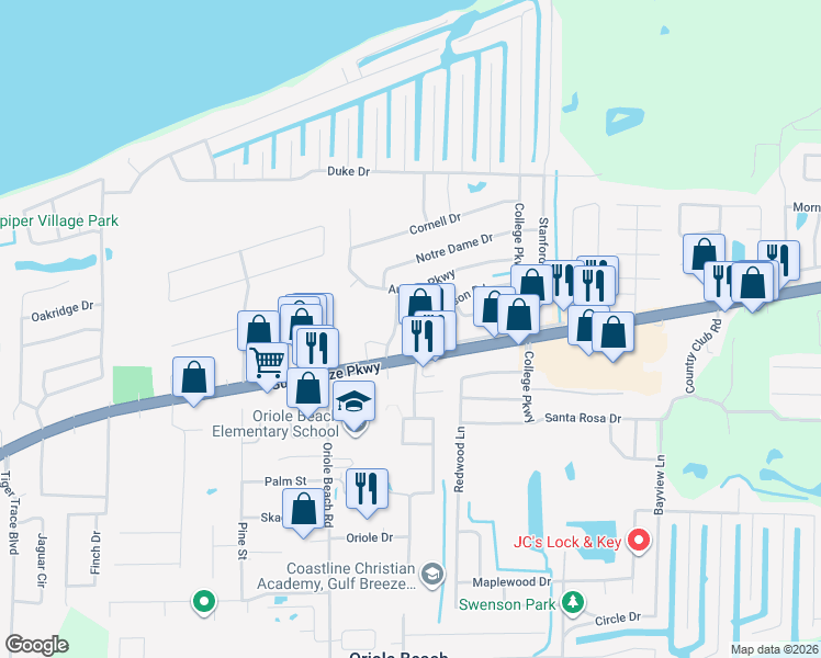 map of restaurants, bars, coffee shops, grocery stores, and more near 3153 Clemson Road in Gulf Breeze