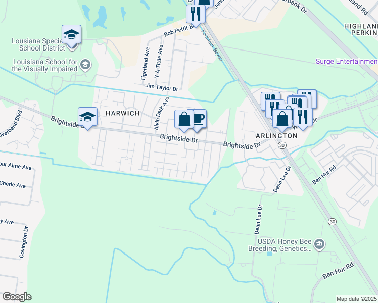 map of restaurants, bars, coffee shops, grocery stores, and more near 1855 Brightside Drive in Baton Rouge
