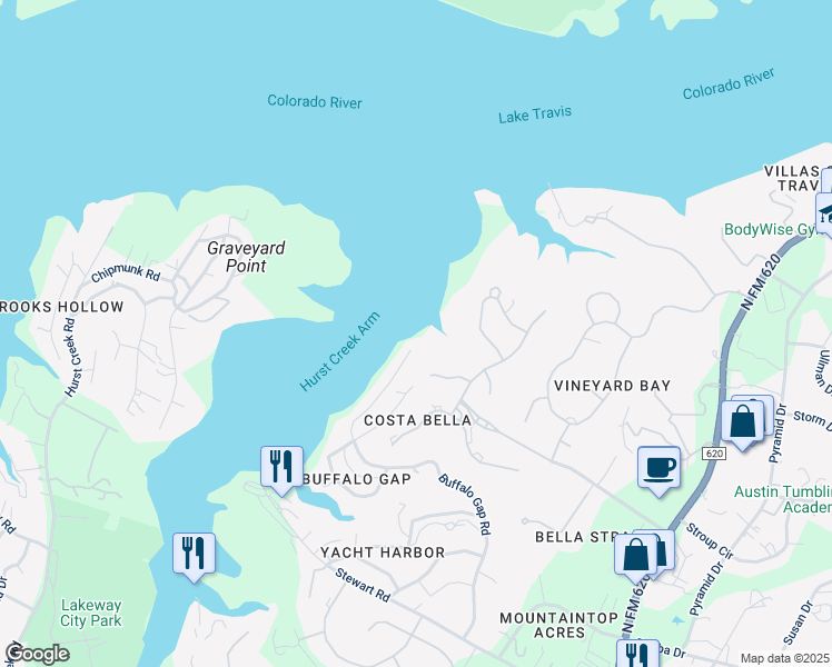 map of restaurants, bars, coffee shops, grocery stores, and more near 205 Bella Vista Cove in Austin
