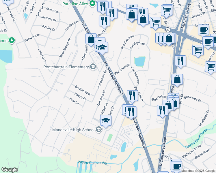 map of restaurants, bars, coffee shops, grocery stores, and more near 110 Chestnut Street in Mandeville