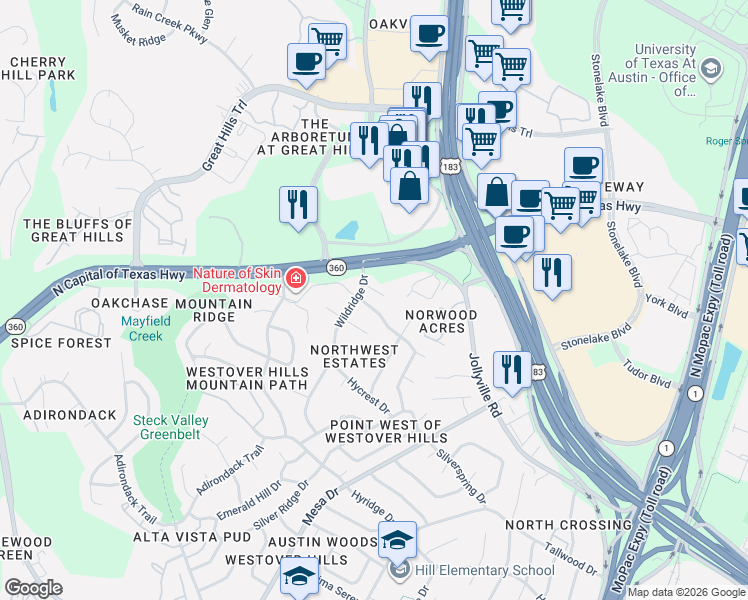 map of restaurants, bars, coffee shops, grocery stores, and more near 4204 Bluffridge Drive in Austin