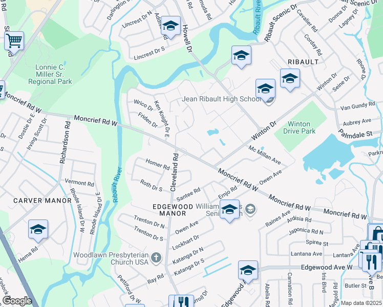 map of restaurants, bars, coffee shops, grocery stores, and more near 4211 Moncrief Road West in Jacksonville
