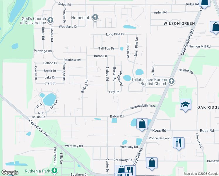 map of restaurants, bars, coffee shops, grocery stores, and more near 4057 Bishop Road in Tallahassee
