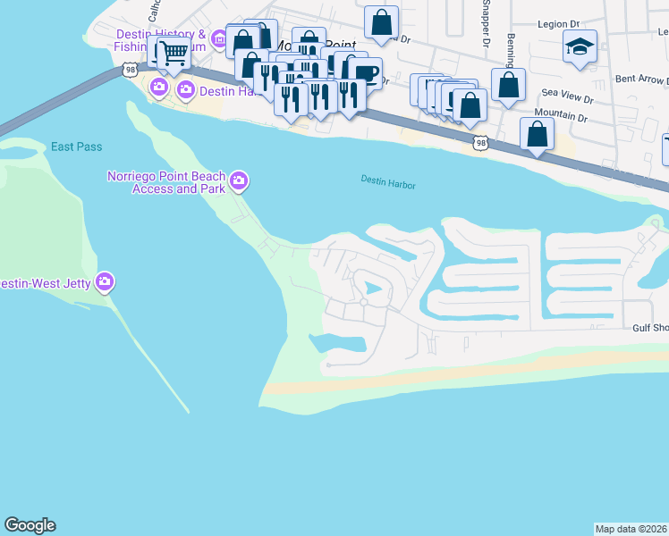 map of restaurants, bars, coffee shops, grocery stores, and more near 26 Gulf Breeze Court in Destin