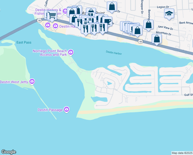 map of restaurants, bars, coffee shops, grocery stores, and more near 26 Gulf Breeze Court in Destin