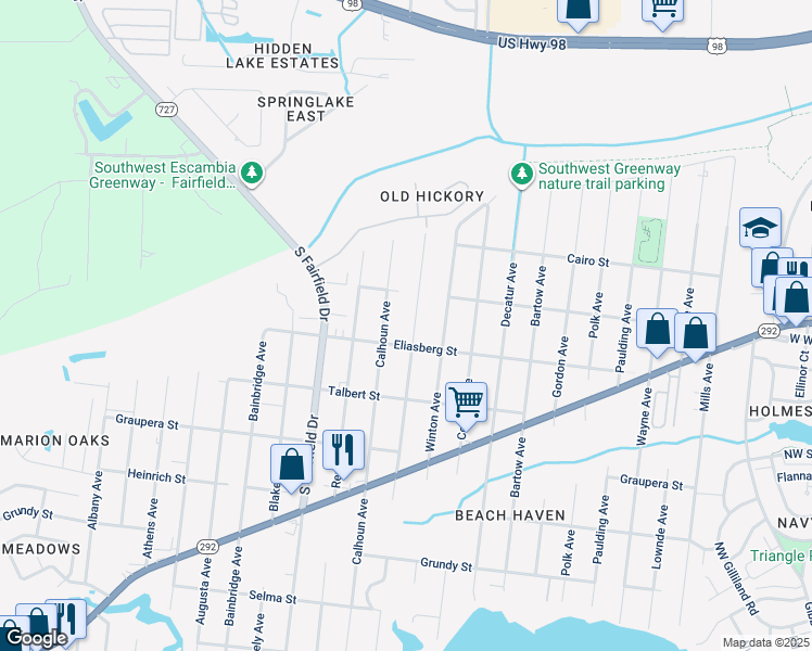 map of restaurants, bars, coffee shops, grocery stores, and more near 921 Bremen Avenue in Pensacola