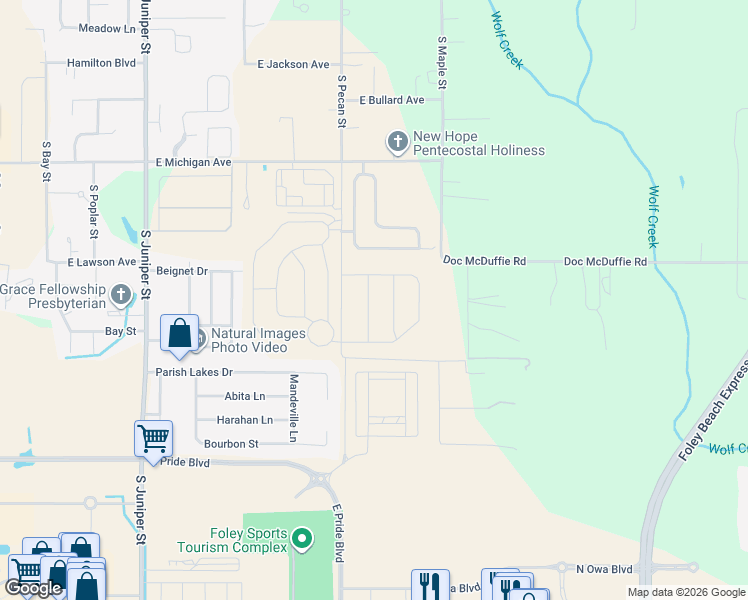 map of restaurants, bars, coffee shops, grocery stores, and more near 1753 Grouse Street in Foley