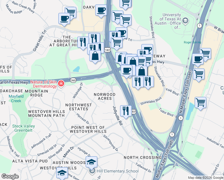 map of restaurants, bars, coffee shops, grocery stores, and more near 9500 Jollyville Road in Austin