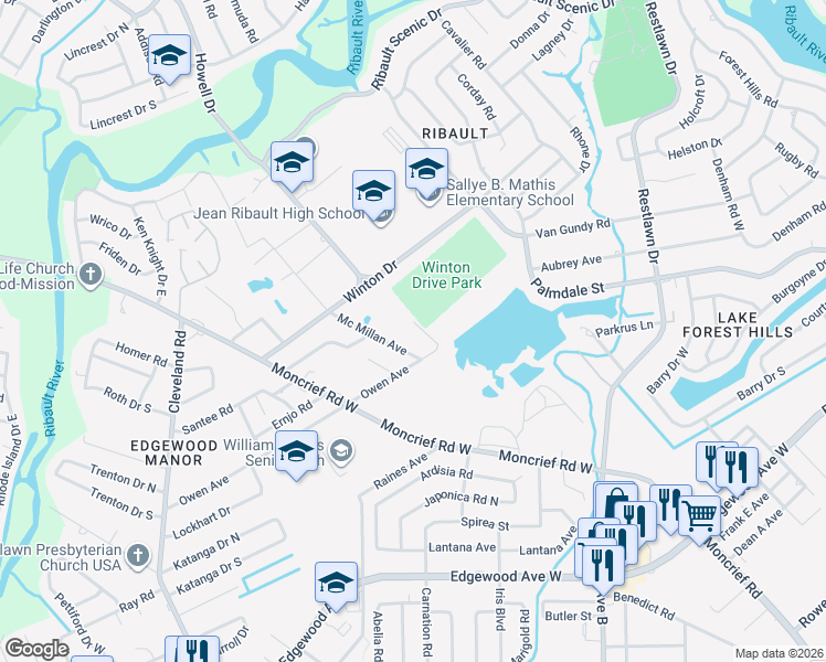 map of restaurants, bars, coffee shops, grocery stores, and more near 3529 Owen Avenue in Jacksonville