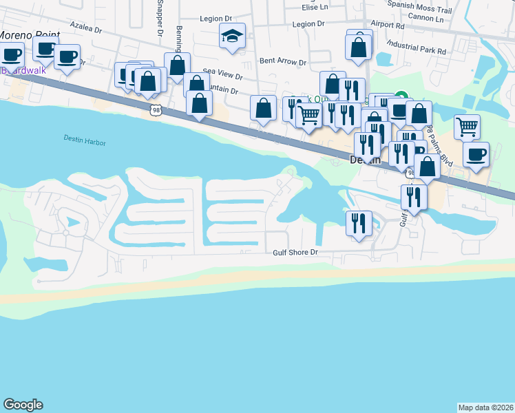 map of restaurants, bars, coffee shops, grocery stores, and more near 623 Choctaw Drive in Destin