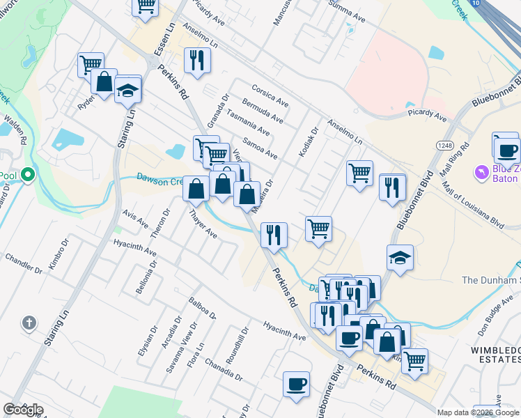 map of restaurants, bars, coffee shops, grocery stores, and more near 2966 Madeira Drive in Baton Rouge