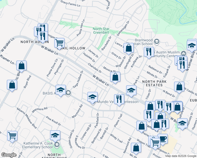 map of restaurants, bars, coffee shops, grocery stores, and more near West Braker Lane in Austin