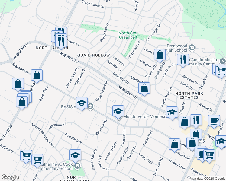 map of restaurants, bars, coffee shops, grocery stores, and more near 11201 Brunt Drive in Austin