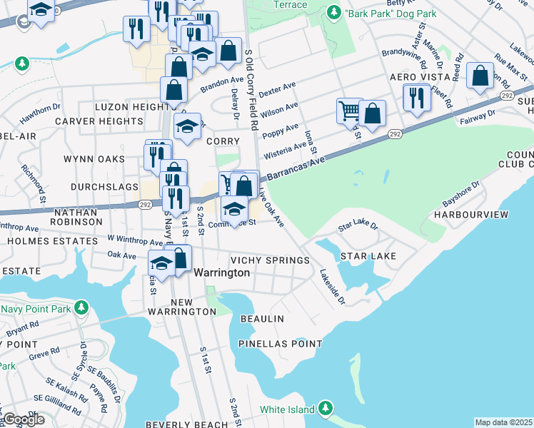 map of restaurants, bars, coffee shops, grocery stores, and more near 505 Live Oak Avenue in Pensacola