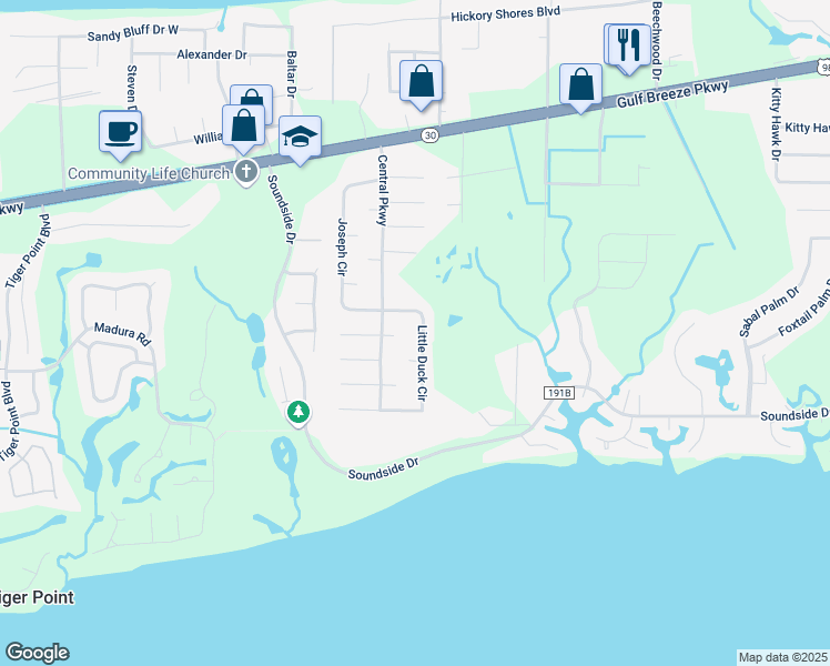 map of restaurants, bars, coffee shops, grocery stores, and more near 1381 Little Duck Circle in Gulf Breeze