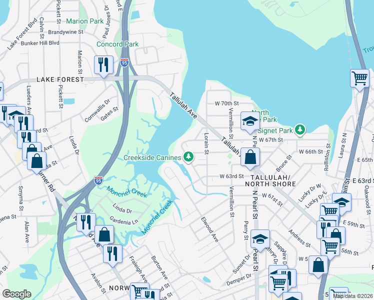 map of restaurants, bars, coffee shops, grocery stores, and more near 7611 N Shore Dr in Jacksonville