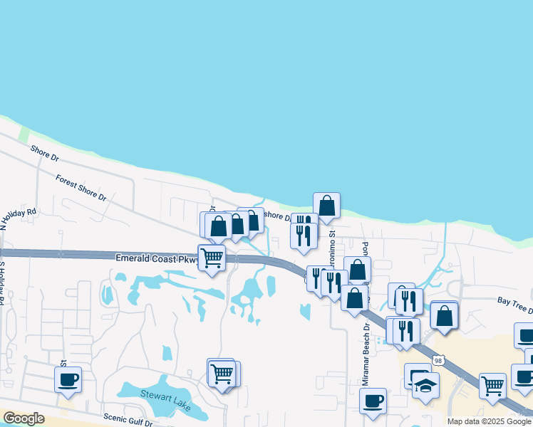 map of restaurants, bars, coffee shops, grocery stores, and more near 317 Bayshore Drive in Destin