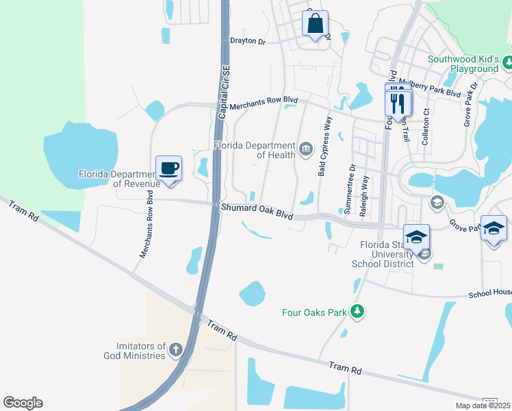 map of restaurants, bars, coffee shops, grocery stores, and more near 2540 Shumard Oak Boulevard in Tallahassee