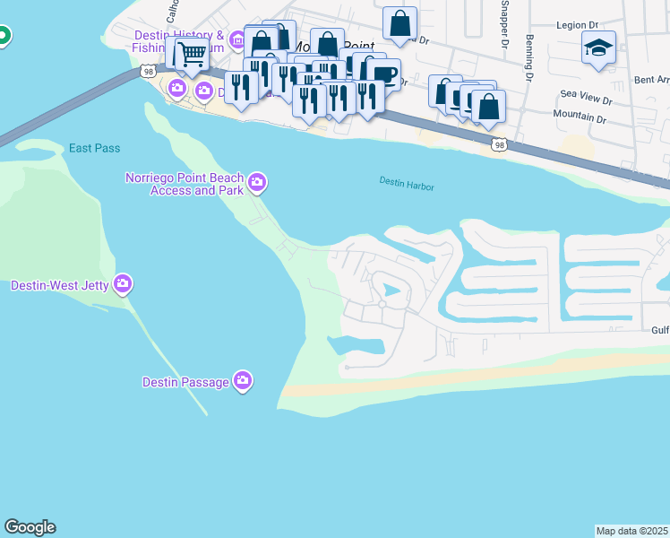 map of restaurants, bars, coffee shops, grocery stores, and more near 124 Gulf Winds Court in Destin
