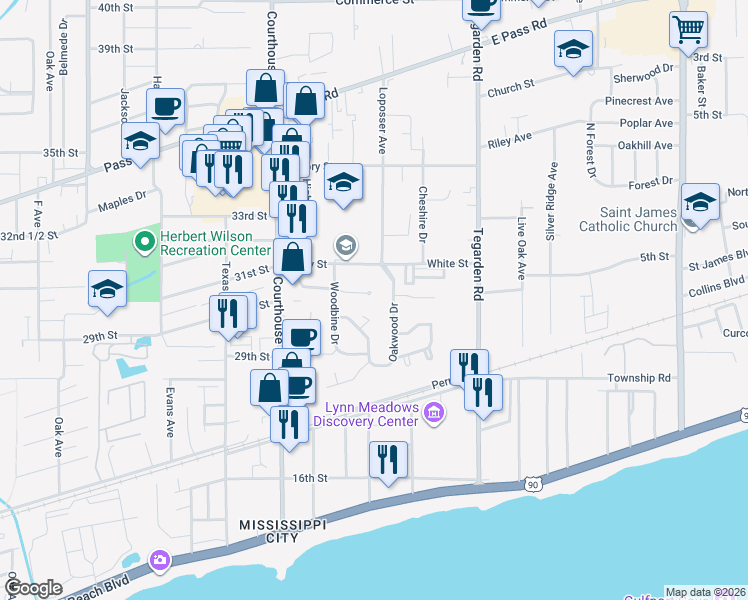 map of restaurants, bars, coffee shops, grocery stores, and more near 141 Woodglen Drive in Gulfport