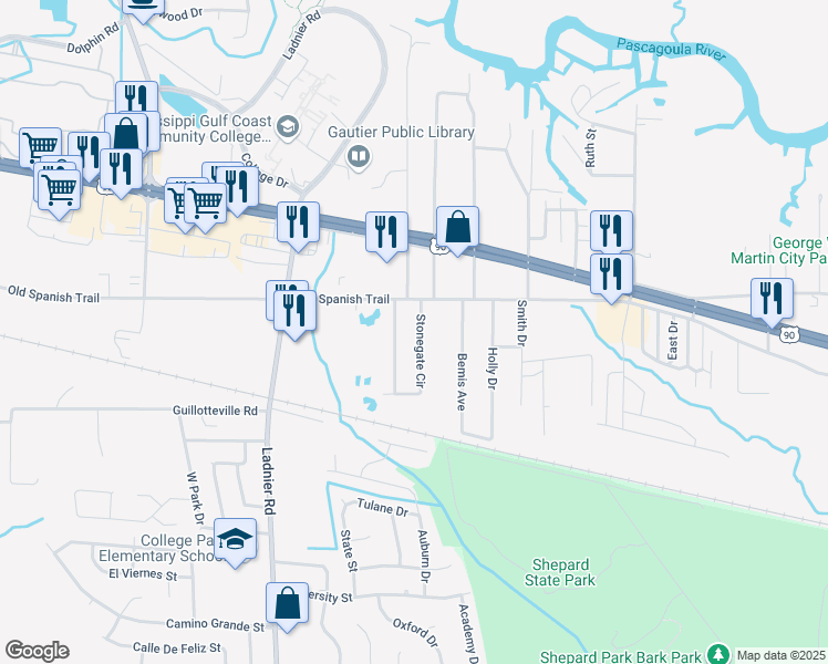 map of restaurants, bars, coffee shops, grocery stores, and more near 3223 Stonegate Circle in Gautier