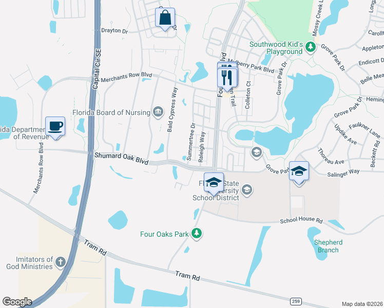 map of restaurants, bars, coffee shops, grocery stores, and more near 4282 Raleigh Way in Tallahassee
