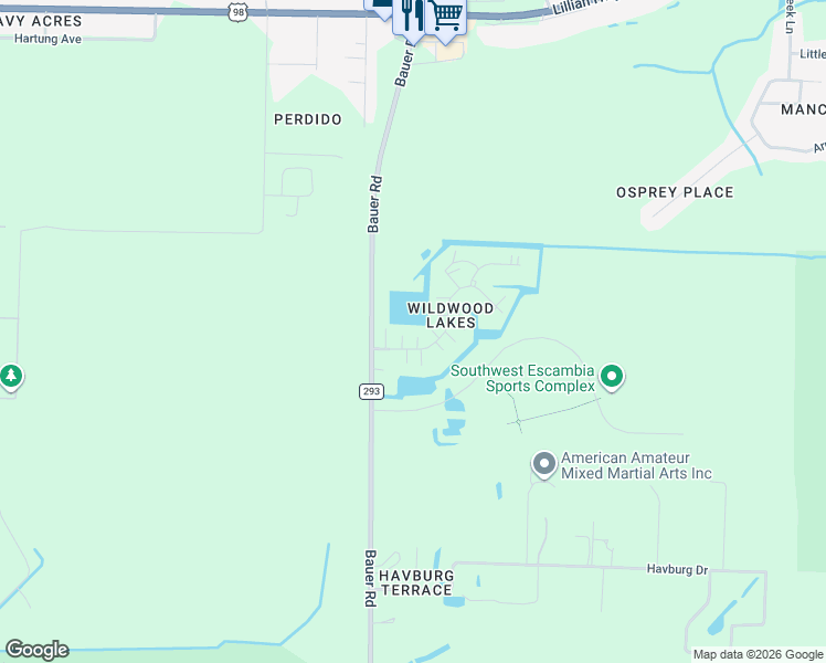 map of restaurants, bars, coffee shops, grocery stores, and more near 12376 Ailanthus Drive in Pensacola