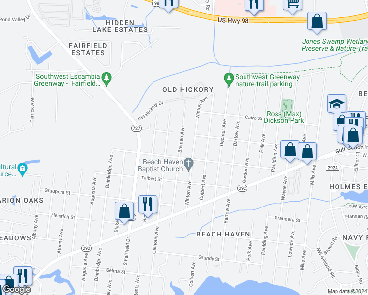 map of restaurants, bars, coffee shops, grocery stores, and more near 922 Bremen Avenue in Pensacola