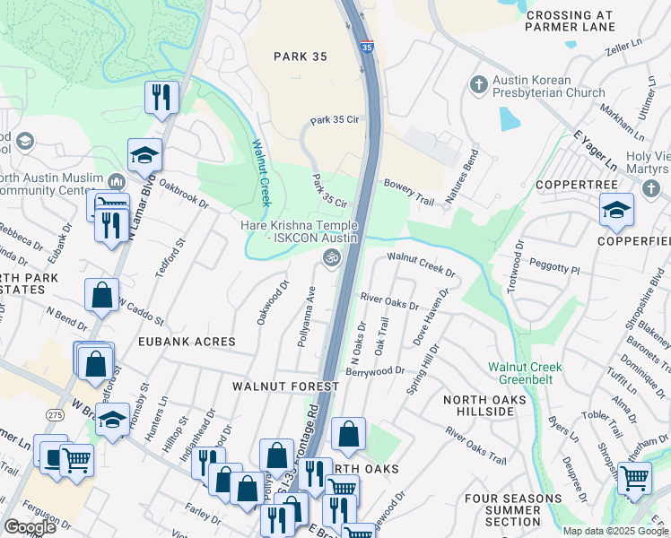 map of restaurants, bars, coffee shops, grocery stores, and more near 12020 South Interstate 35 Frontage Road in Austin