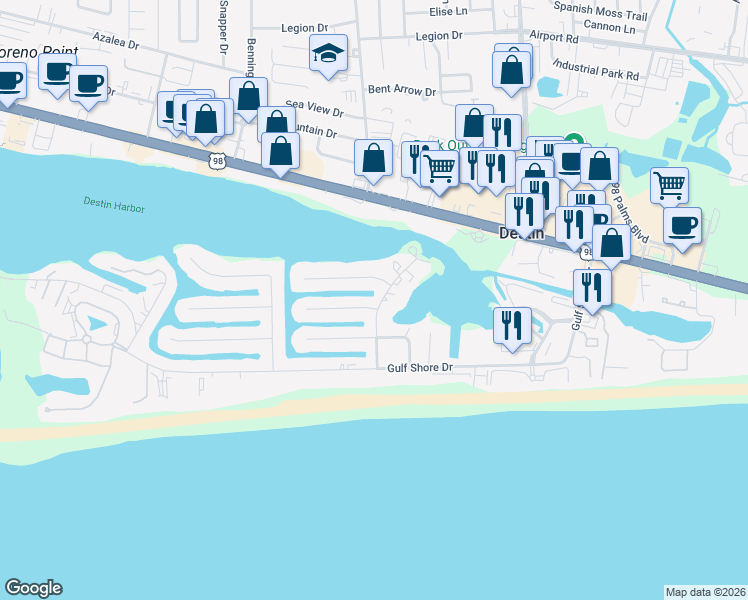 map of restaurants, bars, coffee shops, grocery stores, and more near 623 Choctaw Drive in Destin