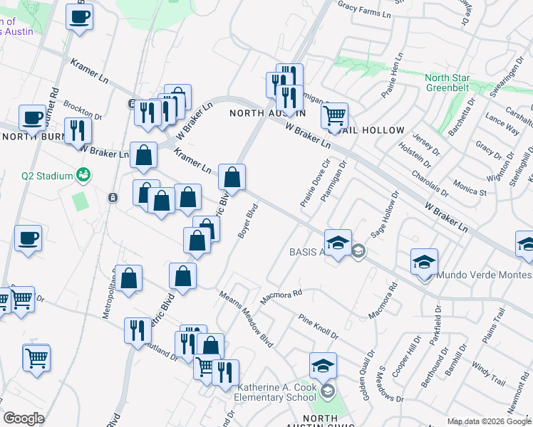 map of restaurants, bars, coffee shops, grocery stores, and more near 1835A Kramer Lane in Austin