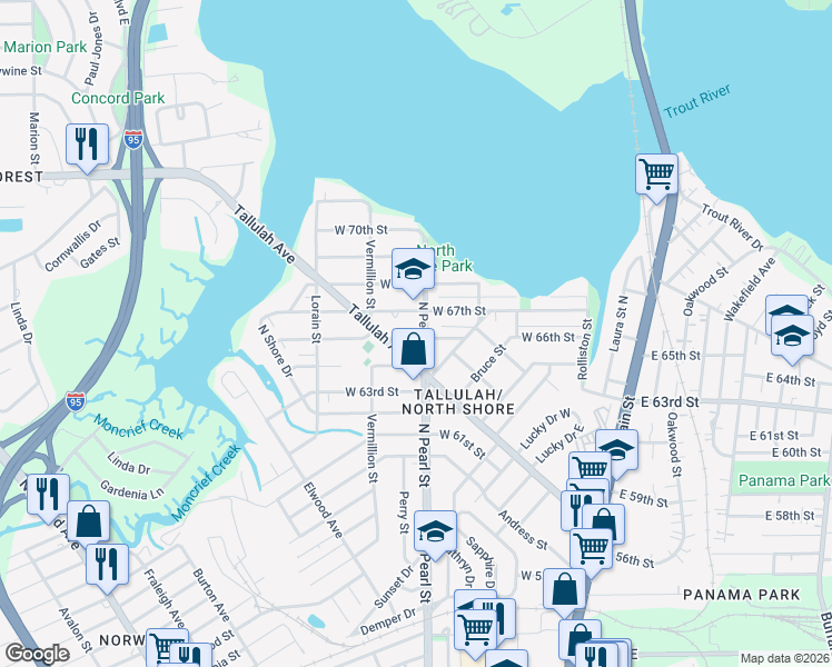 map of restaurants, bars, coffee shops, grocery stores, and more near 7602 North Pearl Street in Jacksonville