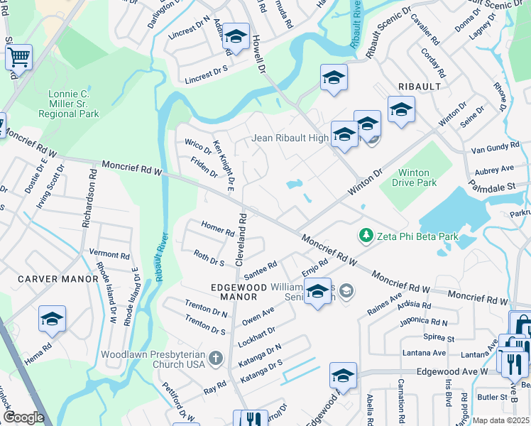 map of restaurants, bars, coffee shops, grocery stores, and more near 4211 Moncrief Road West in Jacksonville