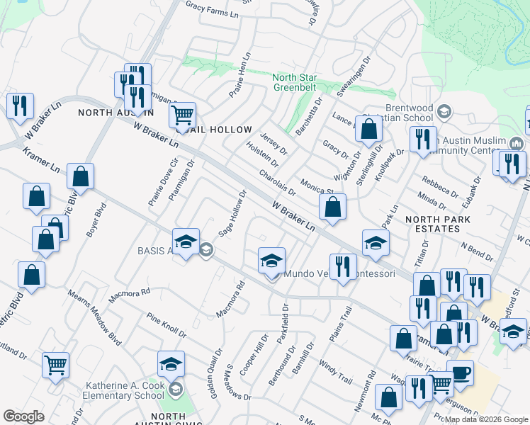 map of restaurants, bars, coffee shops, grocery stores, and more near 11201 Brunt Drive in Austin