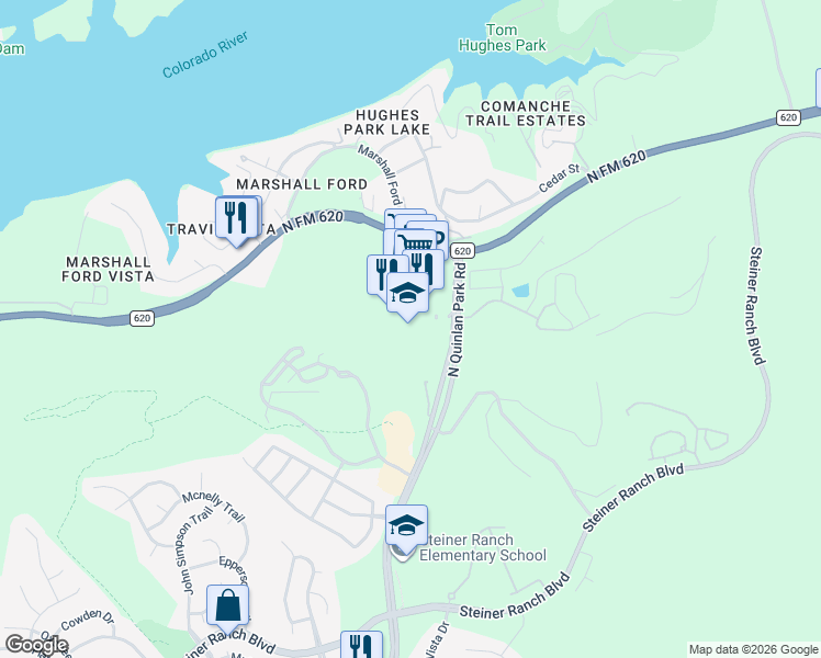 map of restaurants, bars, coffee shops, grocery stores, and more near 5145 Ranch Road 620 North in Austin