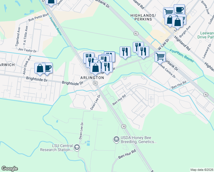 map of restaurants, bars, coffee shops, grocery stores, and more near 5445 Nicholson Drive in Baton Rouge