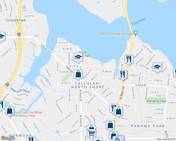 map of restaurants, bars, coffee shops, grocery stores, and more near 255 West 66th Street in Jacksonville