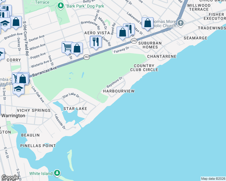 map of restaurants, bars, coffee shops, grocery stores, and more near 1013 Harbourview Circle in Pensacola