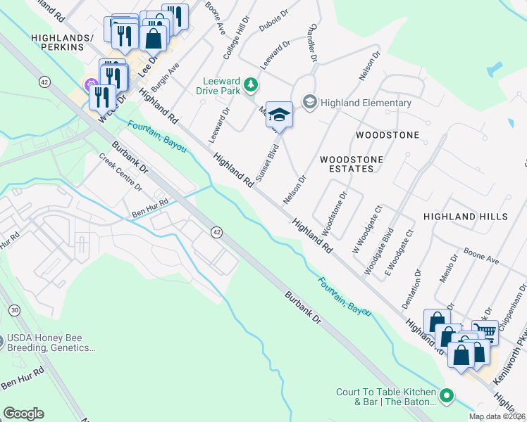 map of restaurants, bars, coffee shops, grocery stores, and more near 6222 Highland Road in Baton Rouge