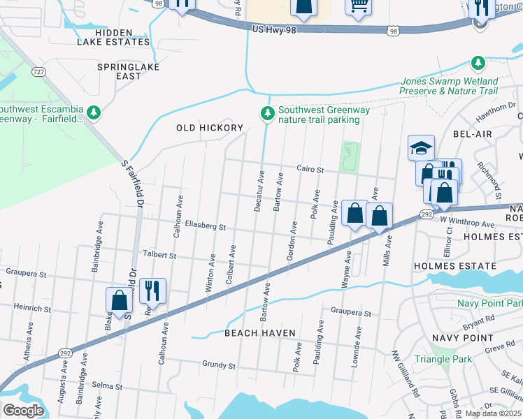 map of restaurants, bars, coffee shops, grocery stores, and more near 910 Decatur Avenue in Pensacola